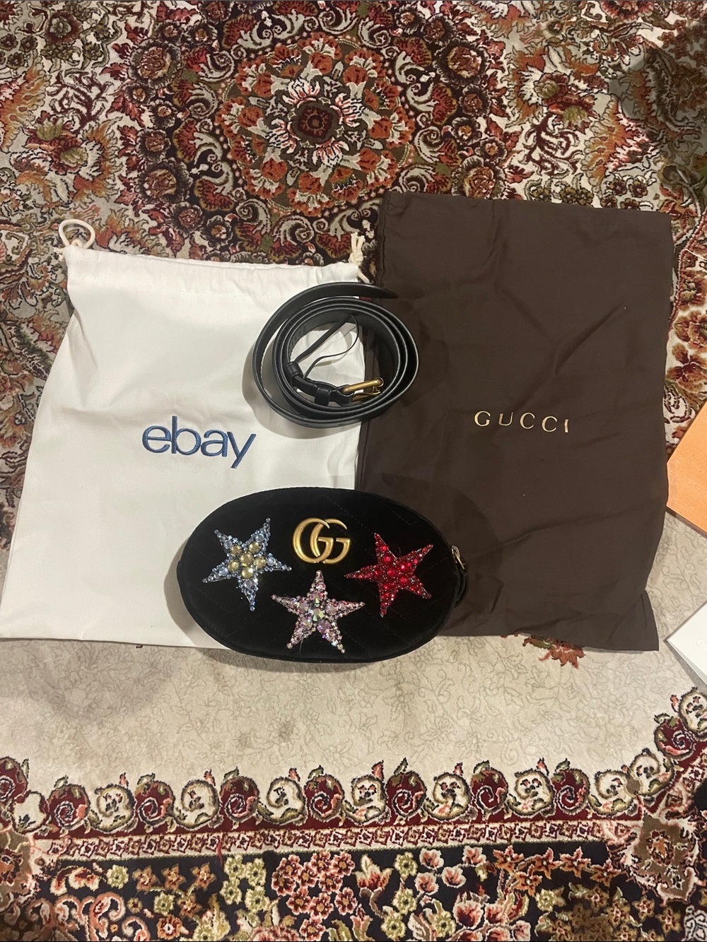 Gucci Black Velvet Star Embellished Phone Case with Gold GG